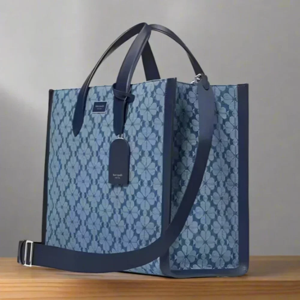 Kate Spade Jacquard Denim Large Manhattan Tote Bag Blue Flower Shoulder Strap - Picture 4 of 13